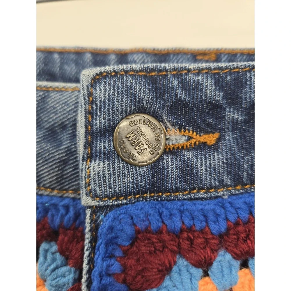 Farm Rio Denim Shorts Crochet Patches Size 29 Granny Square Cut Offs